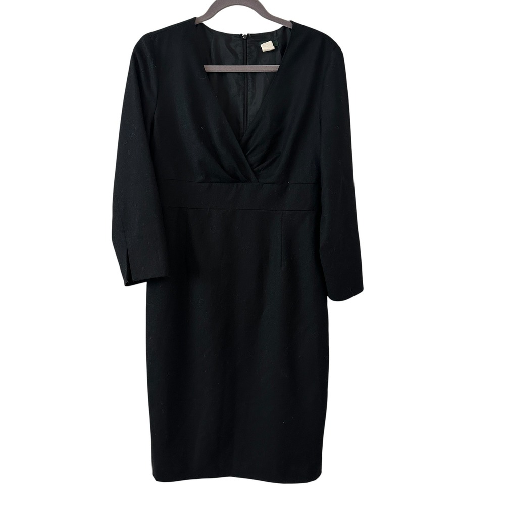 J.Crew Sheath Dress Womens 12 Black Excellent 100%‎ Wool V-Neck 3/4 Sleeve LBD